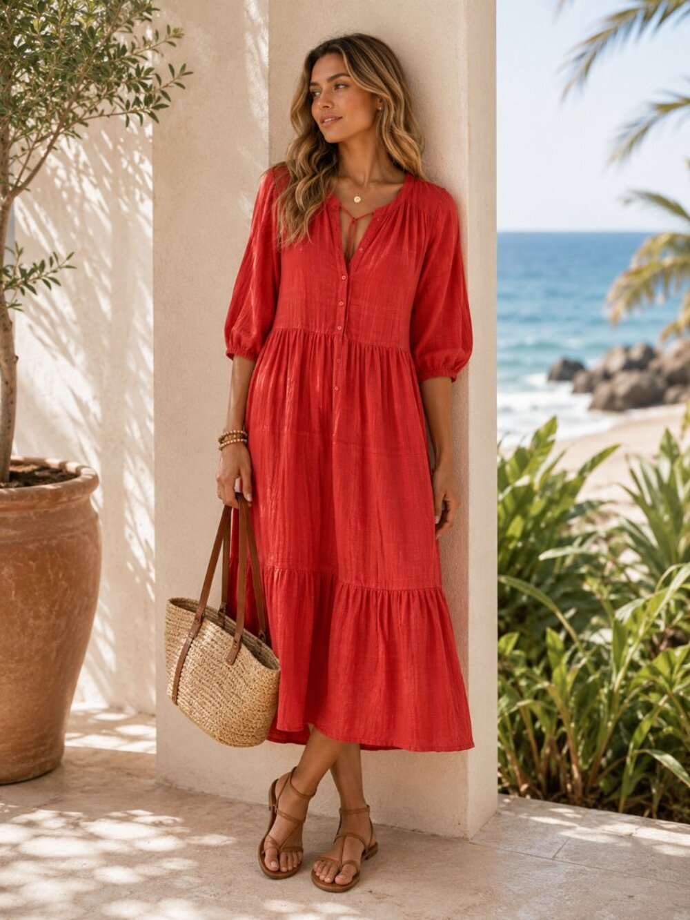 Young Fabulous & Broke Tiered Peasant Beach Midi Dress Sz. M